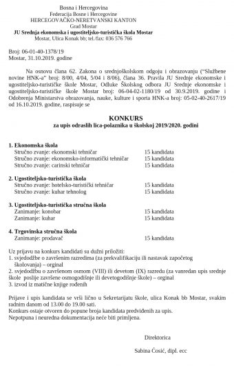 Konkurs za upis odraslih lica