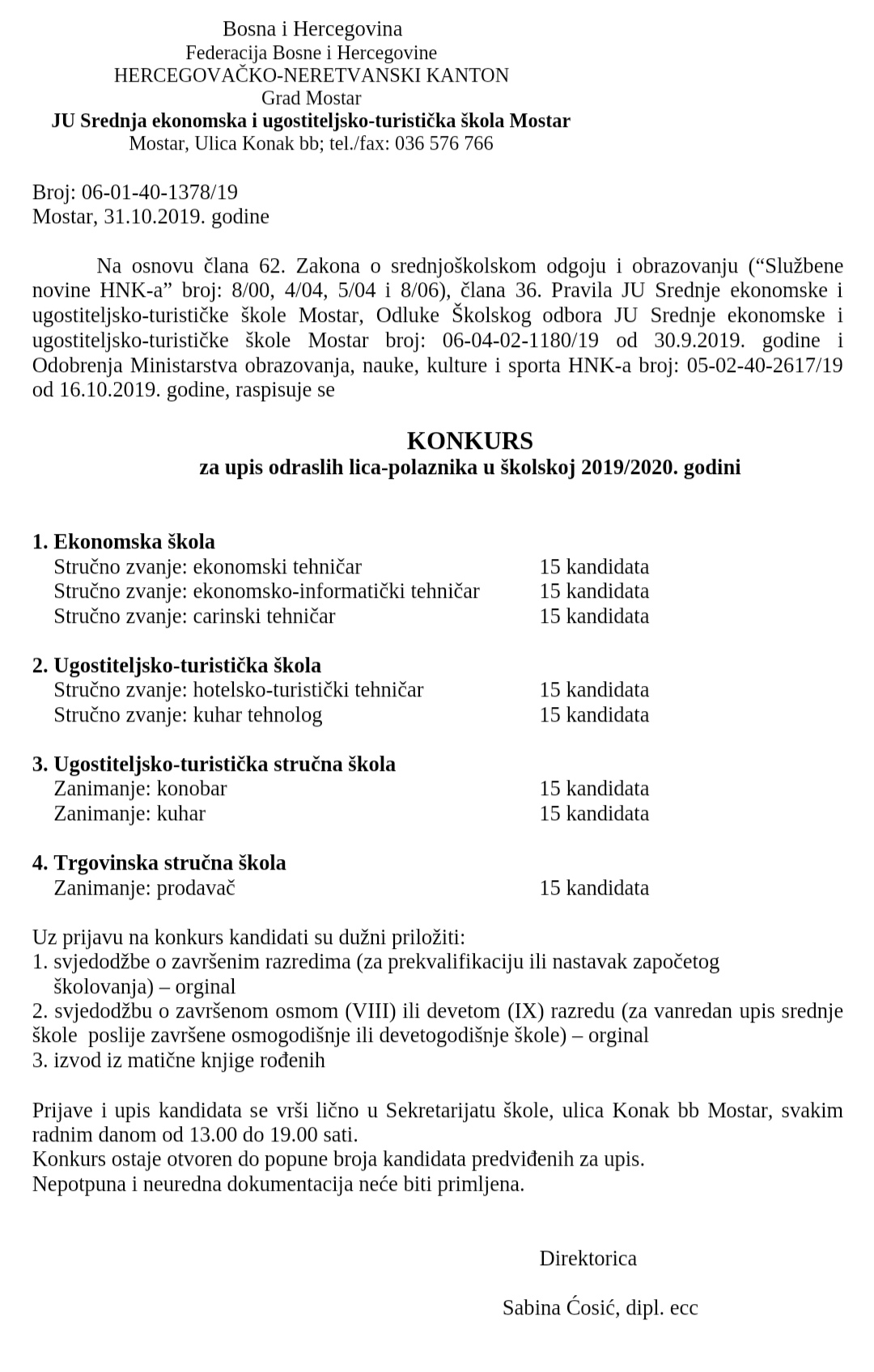 Konkurs za upis odraslih lica