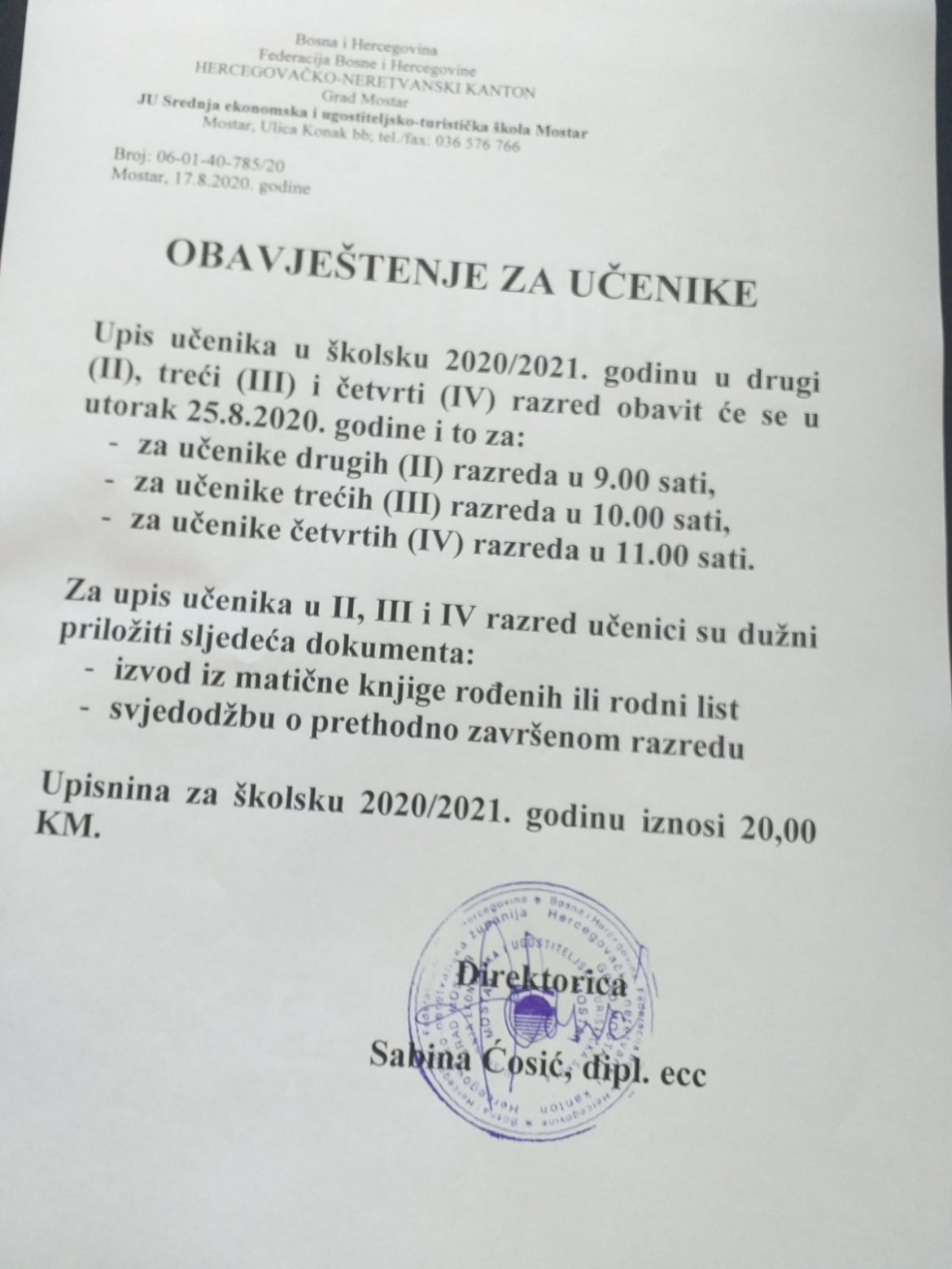 Upis u II, III i IV razred